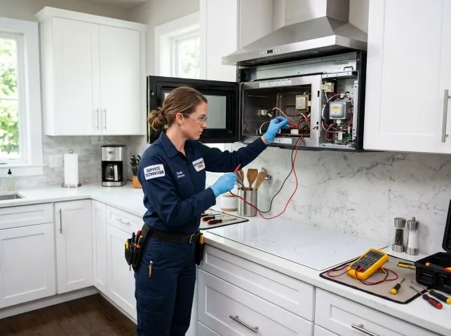 Appliance Repair Hero technician testing an over-the-range microwave in a Adams, MN kitchen